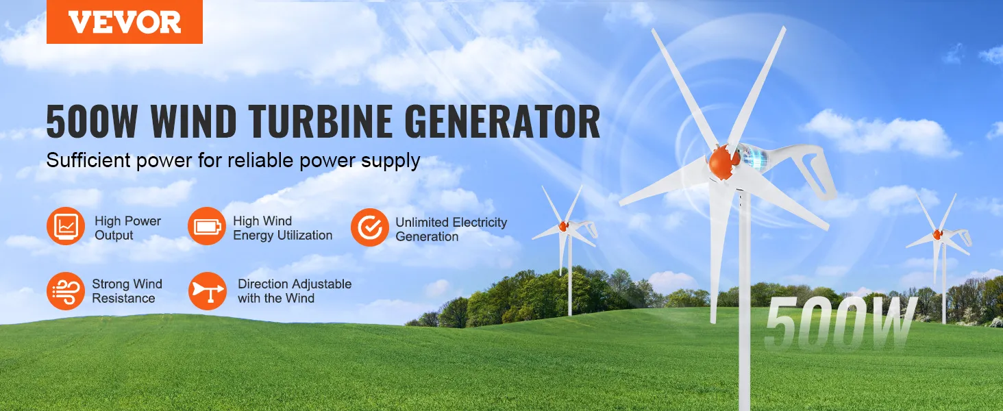 Turbina wiatrowa VEVOR o mocy 500 W, duża moc wyjściowa, duża odporność na wiatr i nieograniczona produkcja energii elektrycznej.