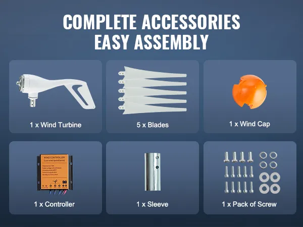 kompletne akcesoria do turbiny wiatrowej VEVOR: turbina, łopatki, kołpak, tuleja, sterownik, śruby.