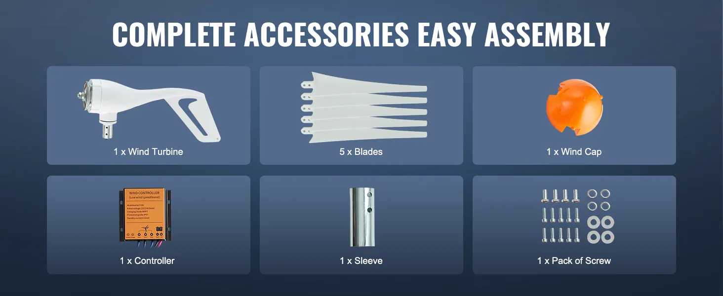 kompletne akcesoria do turbiny wiatrowej VEVOR: turbina, łopatki, kołpak, tuleja, sterownik, śruby.