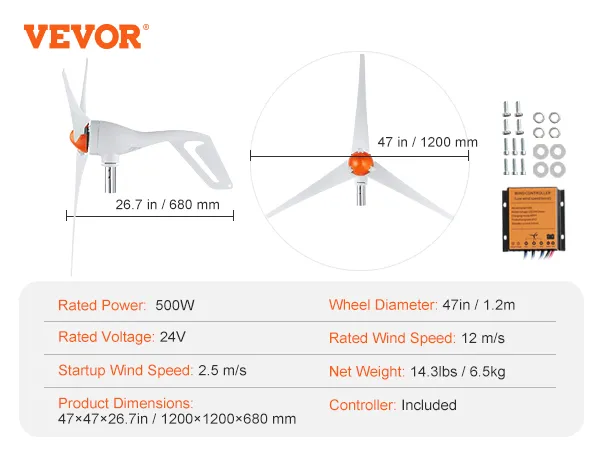 VEVOR Windturbinengenerator mit 3 Flügeln, 500 W Leistung, 24 V, 47 Zoll Durchmesser und mitgeliefertem Controller.