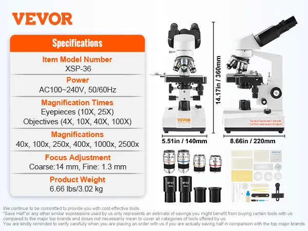 Microscopio compuesto binocular VEVOR xsp-36 con oculares, objetivos y especificaciones enumeradas en el lateral.