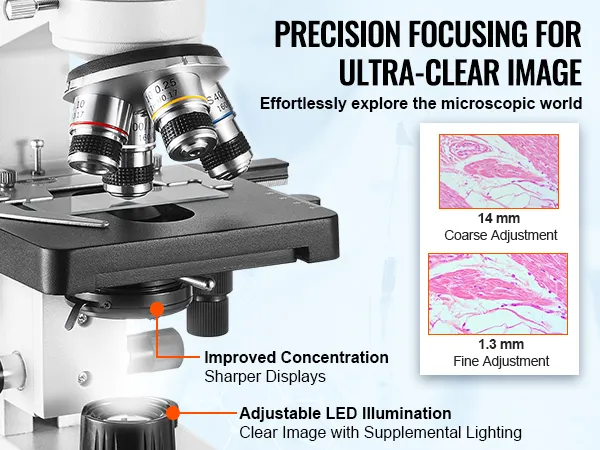 Microscopio compuesto binocular VEVOR con iluminación LED ajustable y enfoque de precisión para imágenes claras.