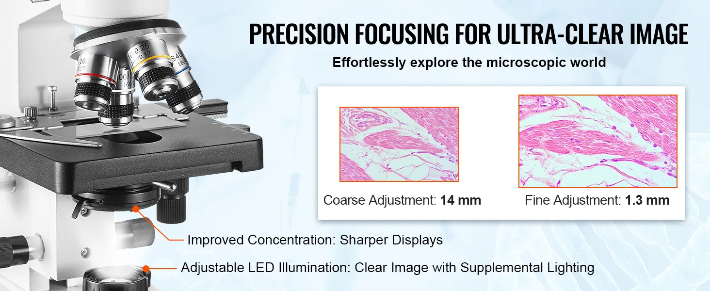 Microscopio compuesto binocular VEVOR con iluminación LED ajustable y enfoque de precisión para imágenes claras.