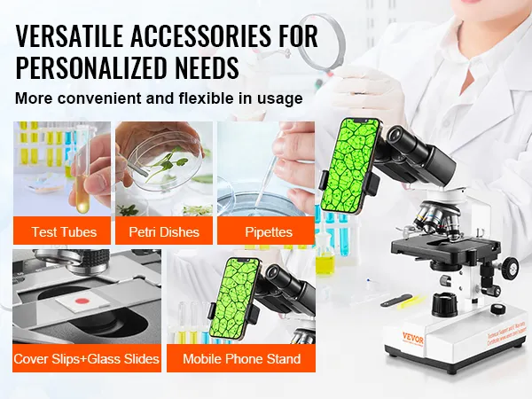 Microscopio compuesto binocular VEVOR con tubos de ensayo, placas de Petri, pipetas y soporte para teléfono móvil.