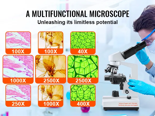 Microscopio compuesto binocular VEVOR que muestra aumentos de 40x a 2500x con imágenes de muestra vibrantes.