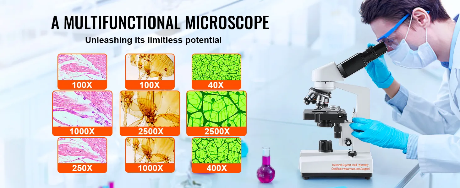 Microscopio compuesto binocular VEVOR que muestra aumentos de 40x a 2500x con imágenes de muestra vibrantes.