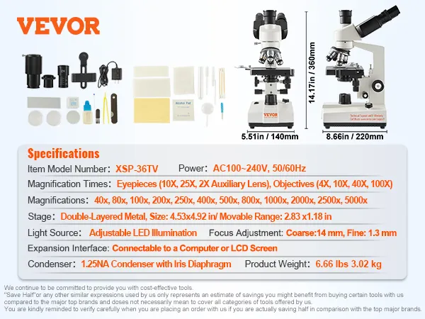 Especificaciones del microscopio trinocular VEVOR xsp-36tv con imágenes, dimensiones y accesorios.