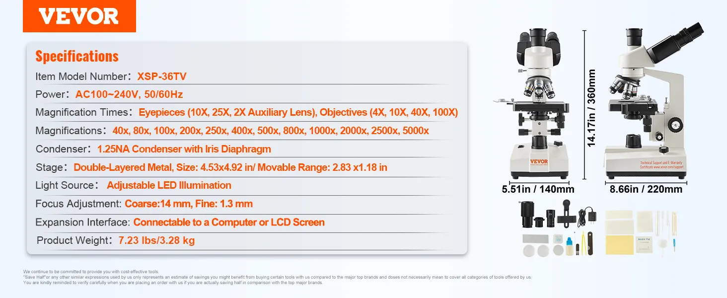 Especificaciones del microscopio trinocular VEVOR xsp-36tv con imágenes, dimensiones y accesorios.