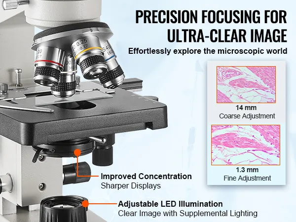 Microscopio trinocular VEVOR con enfoque de precisión para imágenes ultra claras e iluminación LED ajustable.
