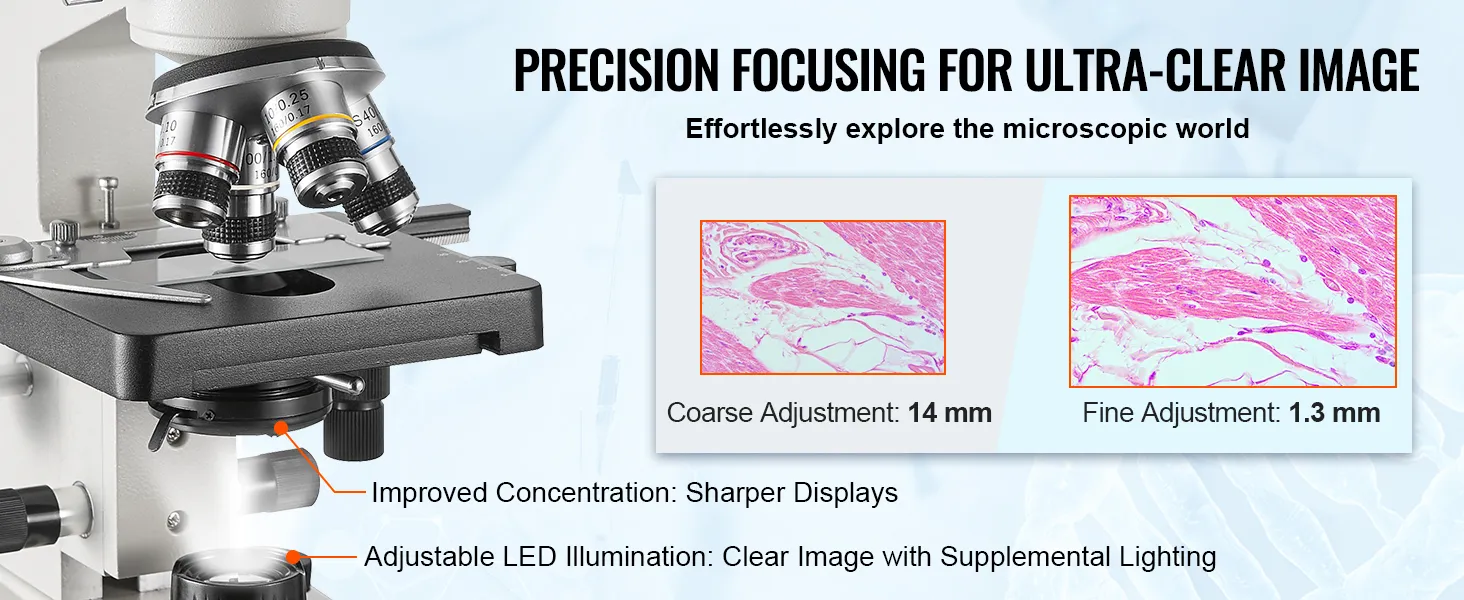 Microscopio trinocular VEVOR con enfoque de precisión para imágenes ultra claras e iluminación LED ajustable.