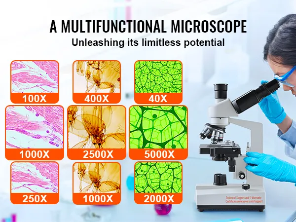 Microscopio trinocular VEVOR que muestra varios aumentos de 40x a 5000x junto a un técnico de laboratorio.