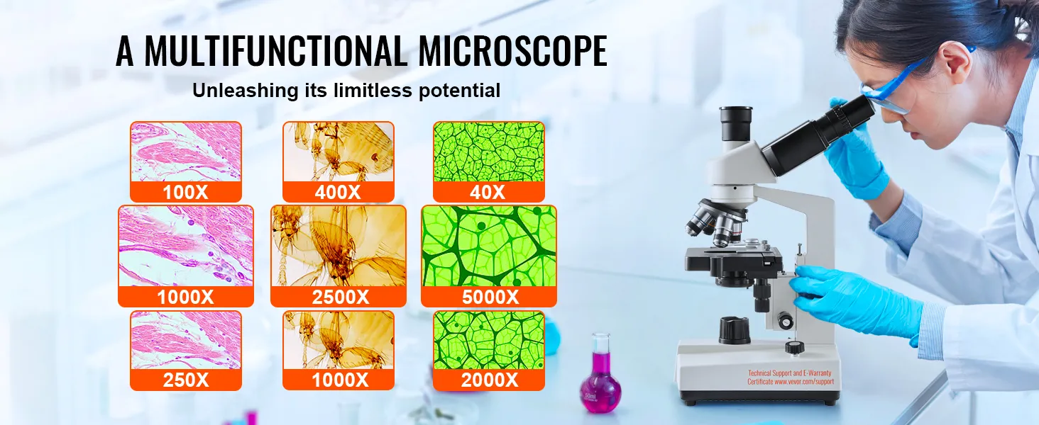 Microscopio trinocular VEVOR que muestra varios aumentos de 40x a 5000x junto a un técnico de laboratorio.