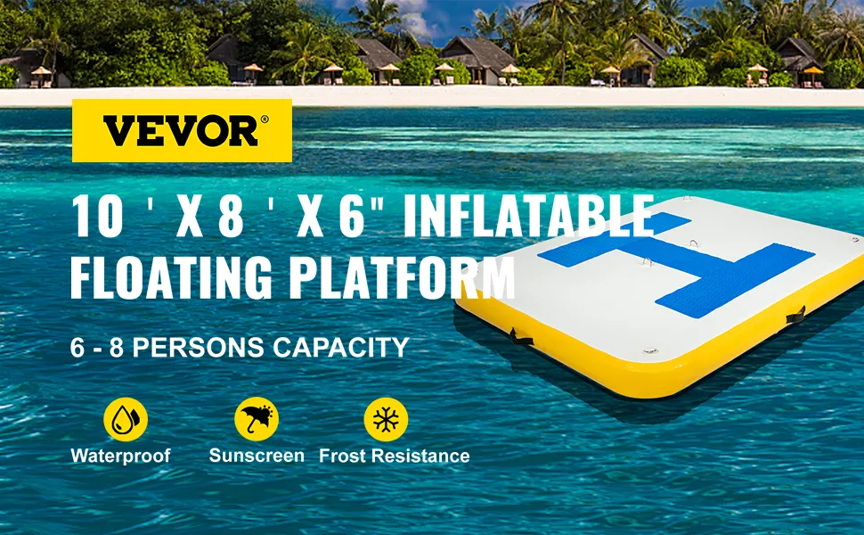 Muelle flotante inflable VEVOR en aguas cristalinas cerca de una playa tropical.