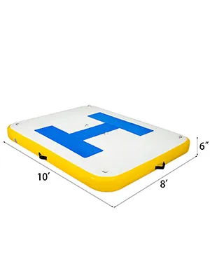 Muelle flotante inflable de VEVOR, amarillo y blanco, 10'x8'x6' con diseño en H azul.