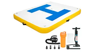 Muelle flotante inflable VEVOR con accesorios y configuración de bomba manual en blanco y amarillo.