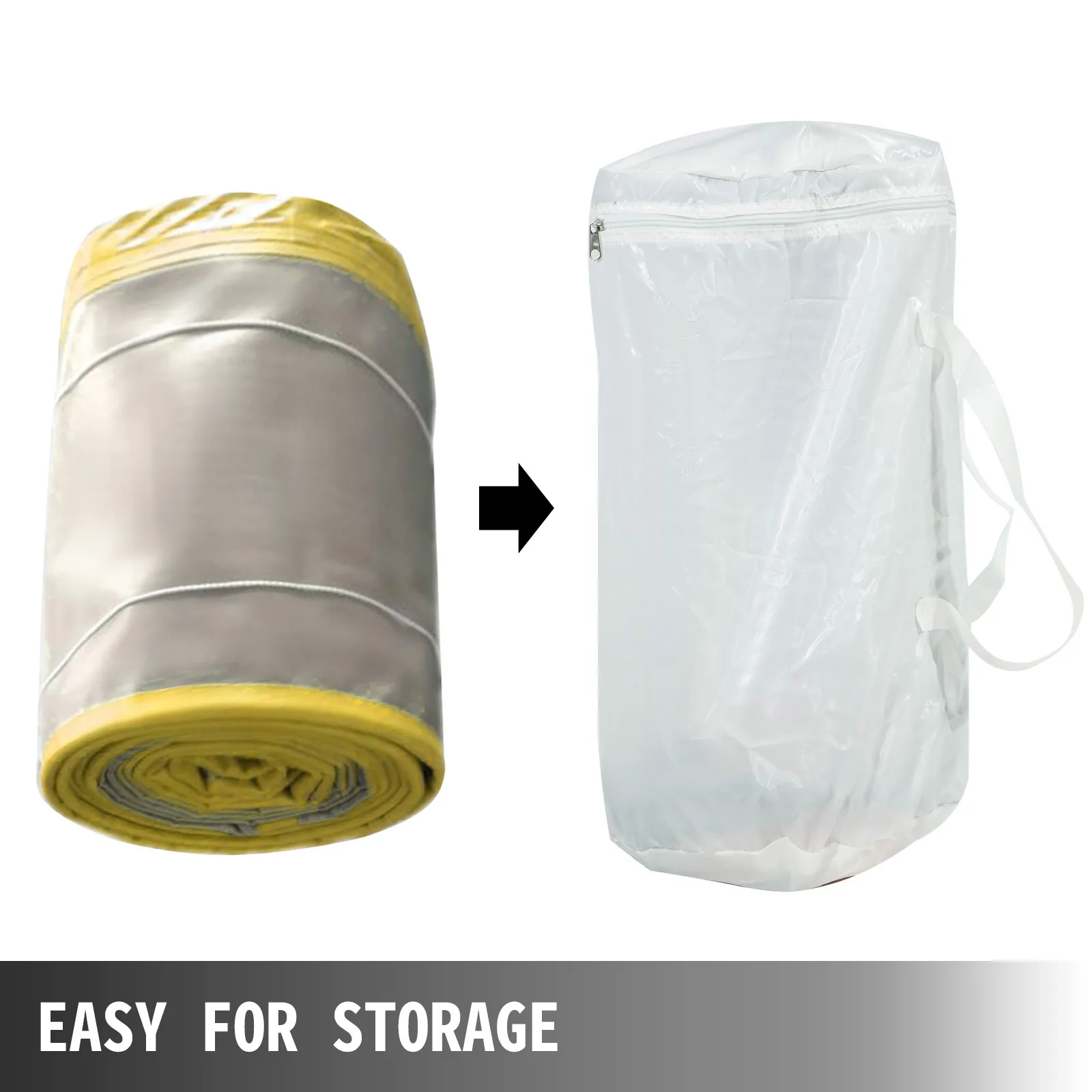 Muelle flotante inflable VEVOR enrollado y almacenado en una bolsa de transporte blanca. Fácil de guardar.