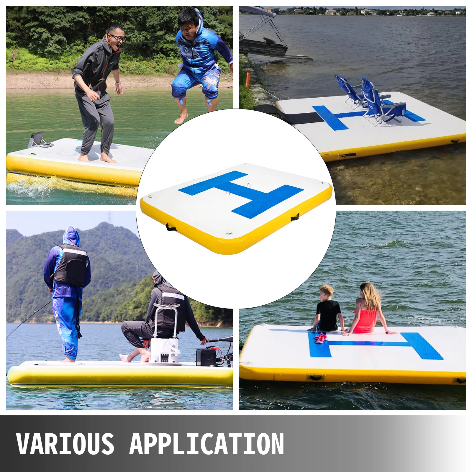 Muelle flotante inflable VEVOR utilizado para pescar, descansar y realizar actividades acuáticas.