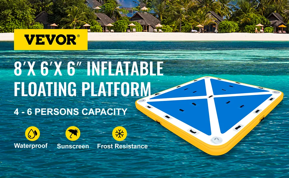 VEVOR inflatable floating dock, 8'x6'x6", for 4-6 persons, in tropical beach setting.