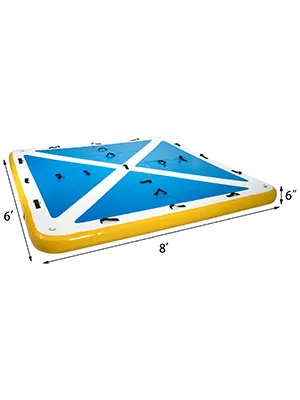 VEVOR inflatable floating dock, 8'x6'x6', yellow and blue with handles and tie points.