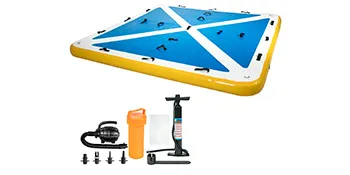 VEVOR inflatable floating dock with accessories, including pump and repair kit.