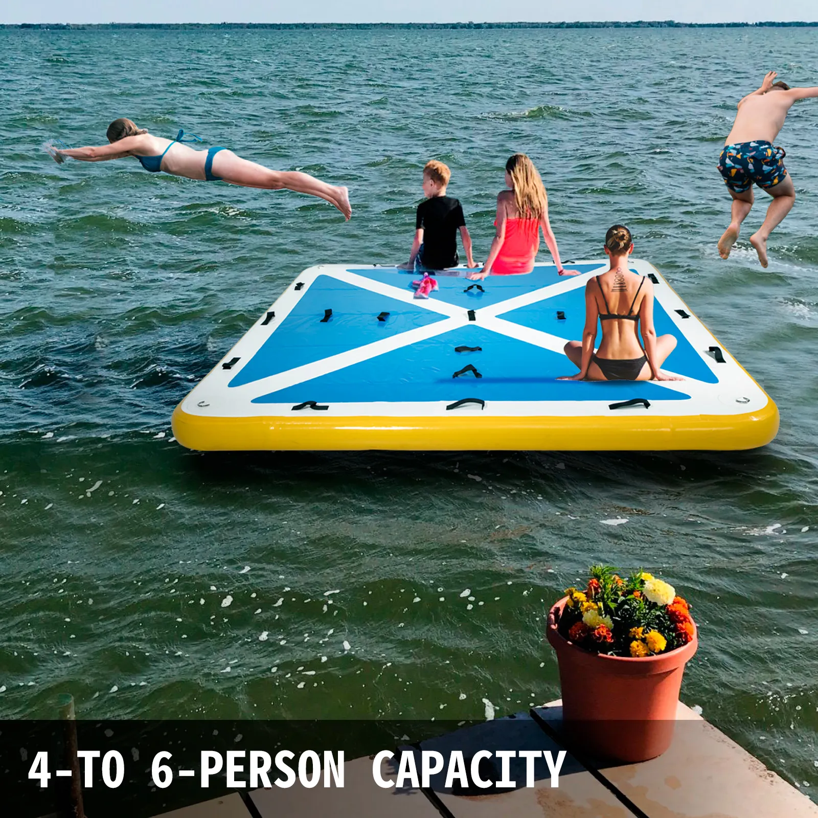 people relaxing and jumping off the VEVOR inflatable floating dock on a lake.
