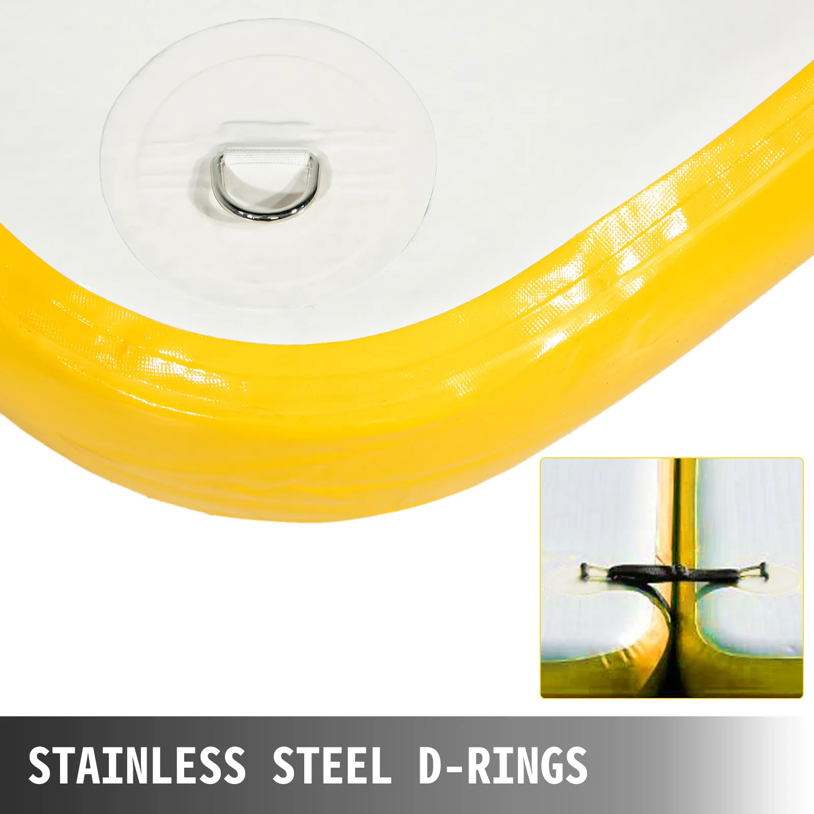 yellow and white VEVOR inflatable floating dock with stainless steel d-rings.