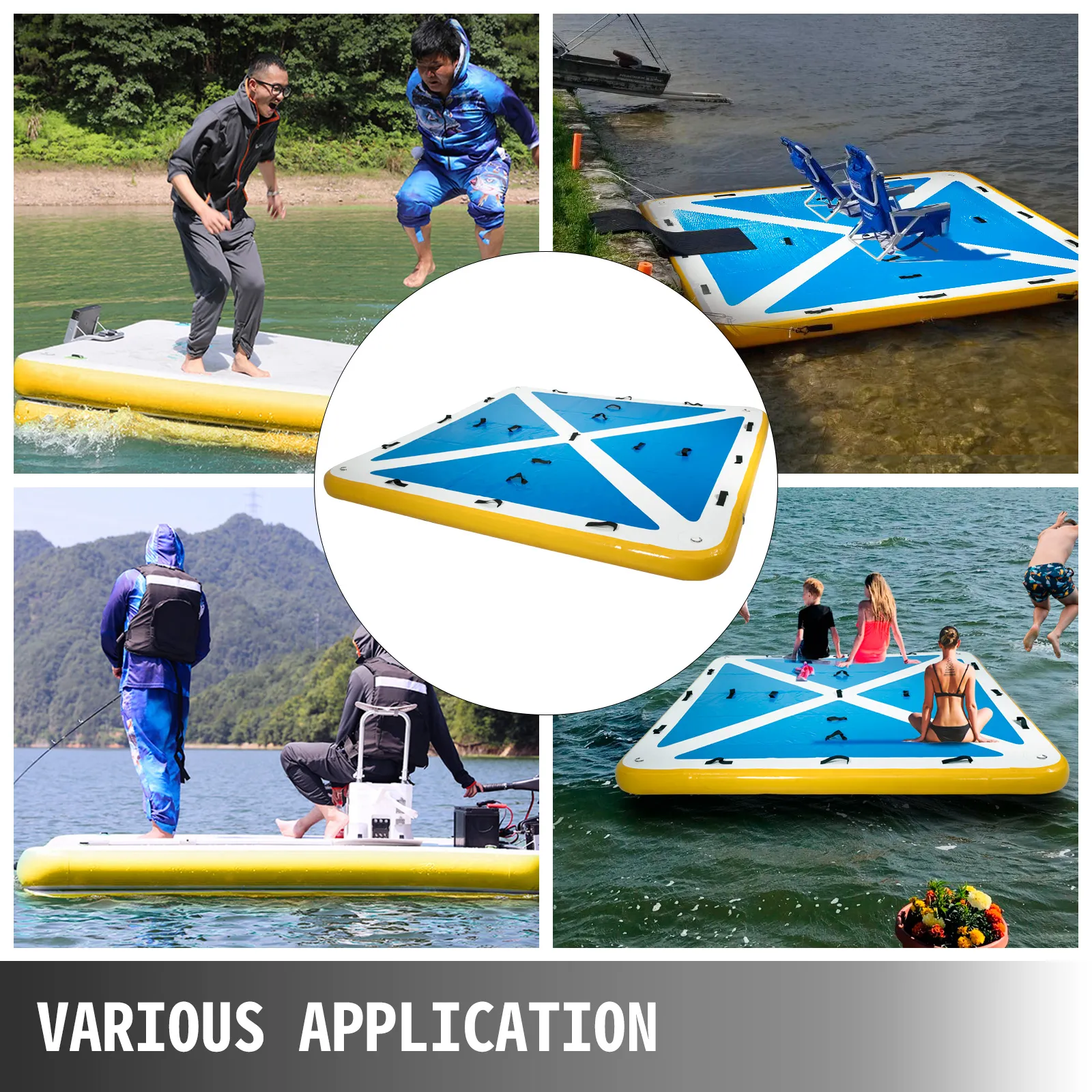 VEVOR inflatable floating dock for fishing, lounging, and water activities.