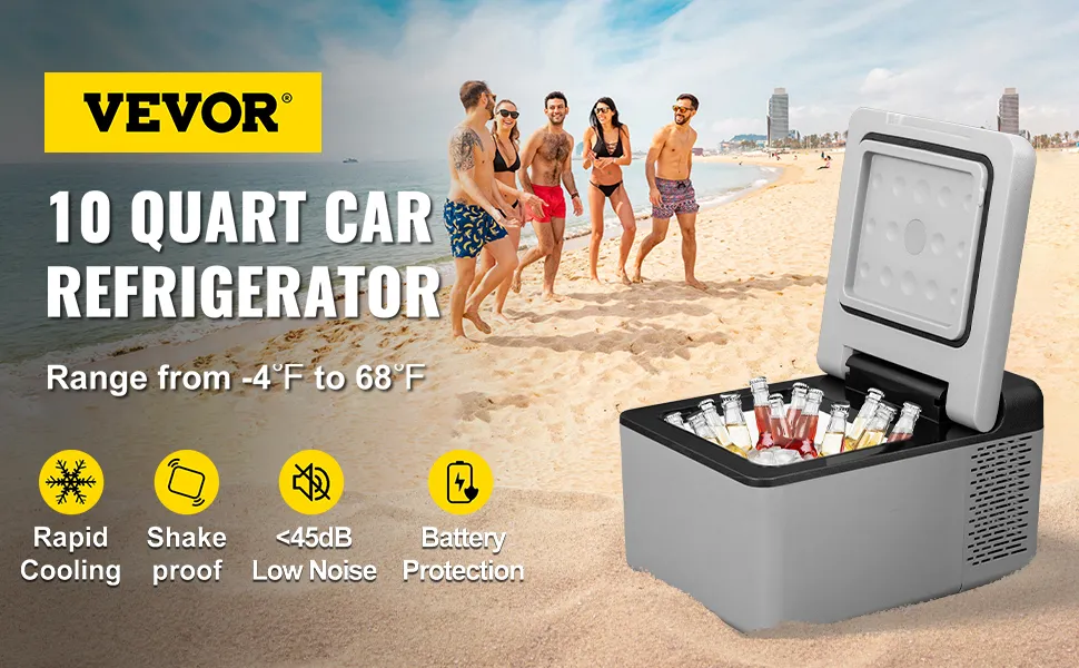 Réfrigérateur VEVOR 12 volts sur une plage avec des gens, montrant les fonctions de refroidissement et le couvercle ouvert avec des boissons.