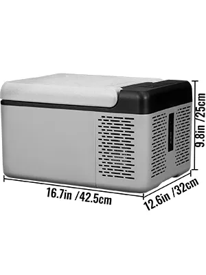 Réfrigérateur VEVOR 12 volts, affichant les dimensions : 16,7 pouces/42,5 cm de longueur, 12,6 pouces/32 cm de largeur, 9,8 pouces/25 cm de hauteur.