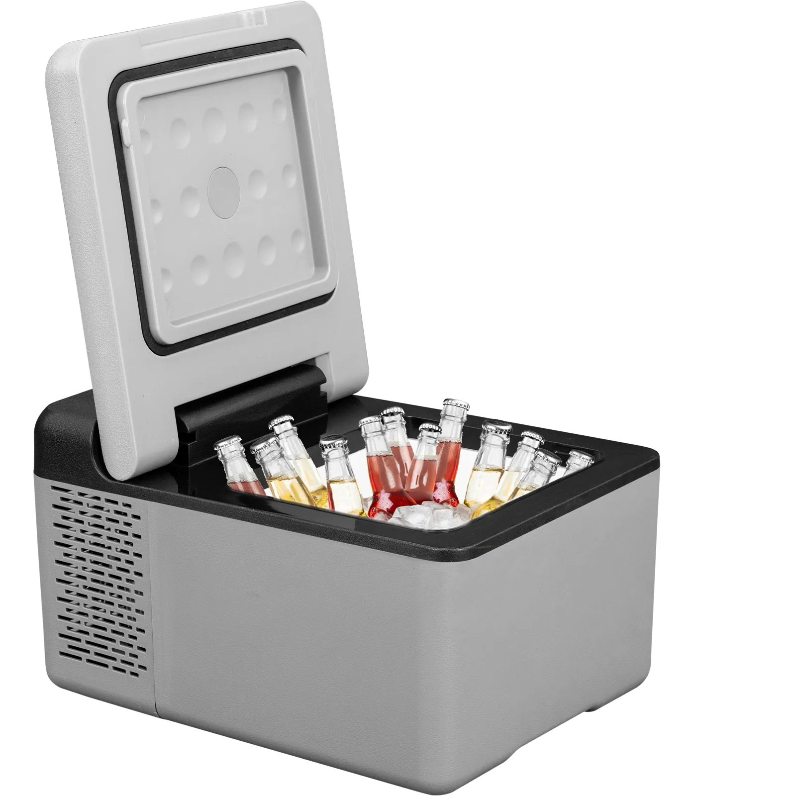 Réfrigérateur VEVOR 12 volts rempli de boissons en bouteille, couvercle ouvert, révélant de la glace et des boissons fraîches.