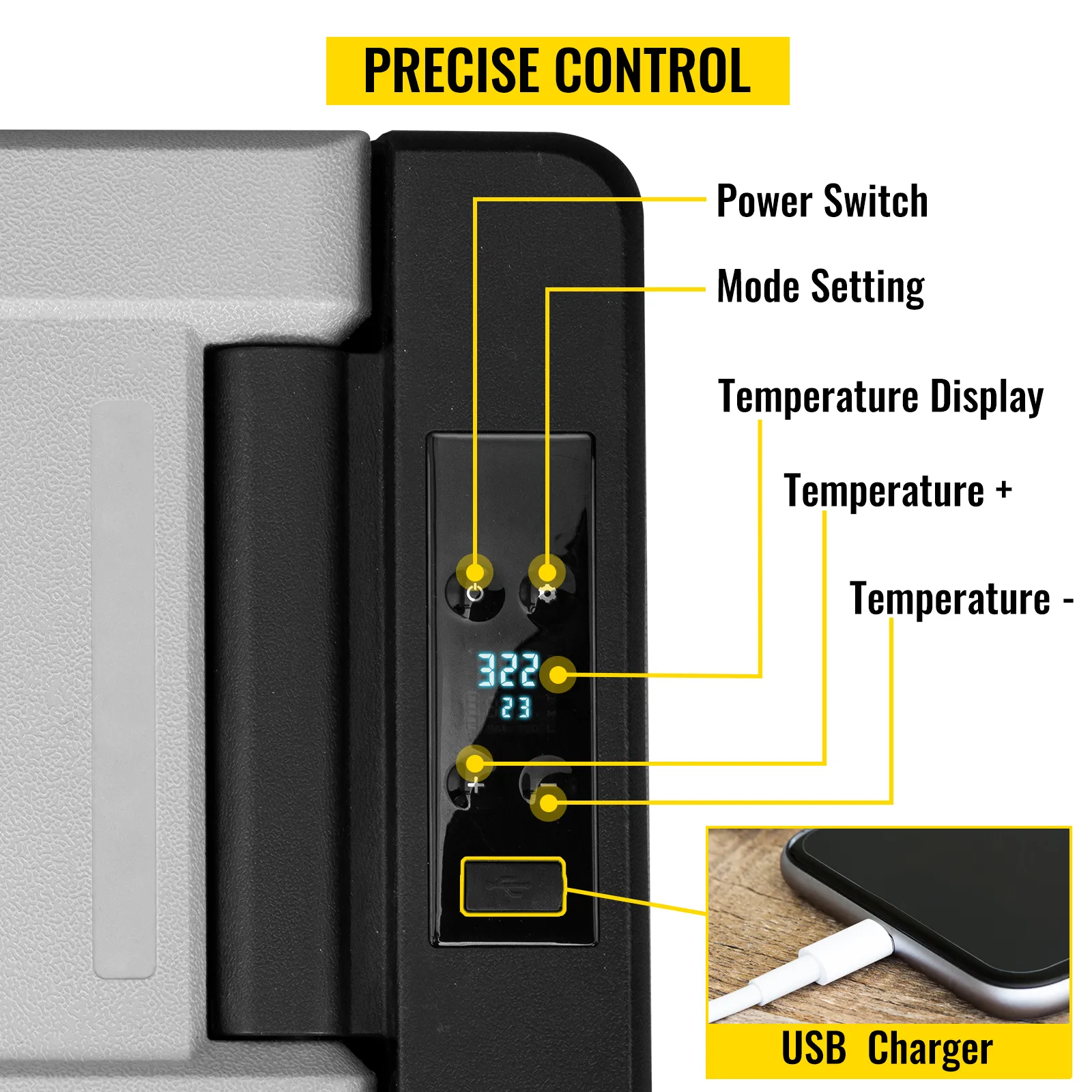Panneau de commande du réfrigérateur VEVOR 12 volts avec interrupteur d'alimentation, réglage du mode, affichage de la température et chargeur USB.