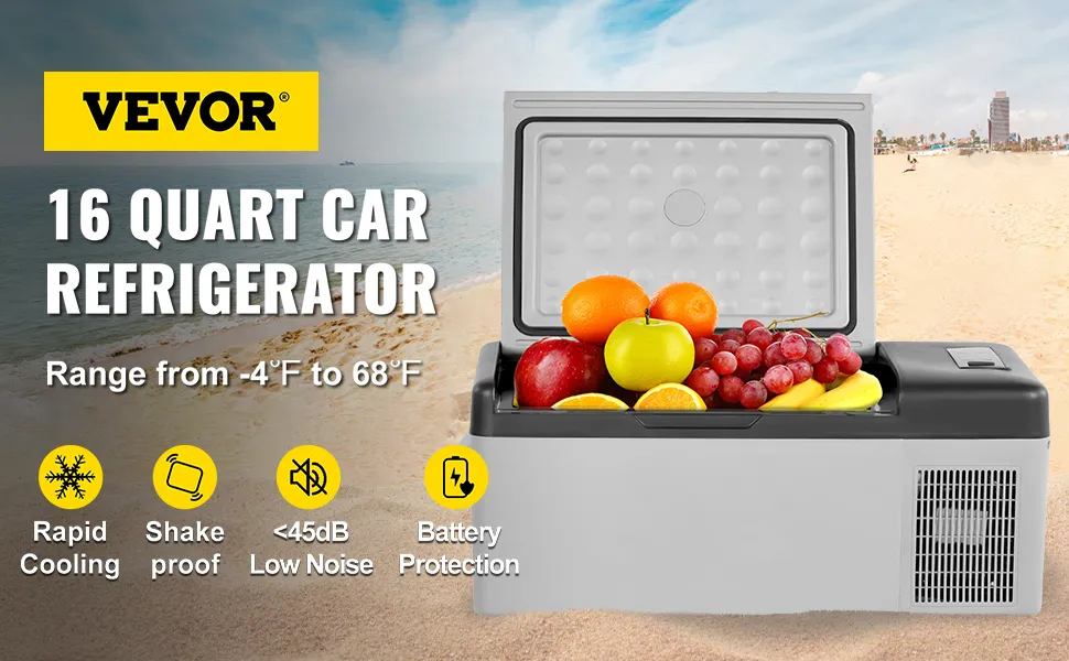 VEVOR 12 volt refrigerator, 16-quart car fridge with fresh fruits on a beach, rapid cooling.