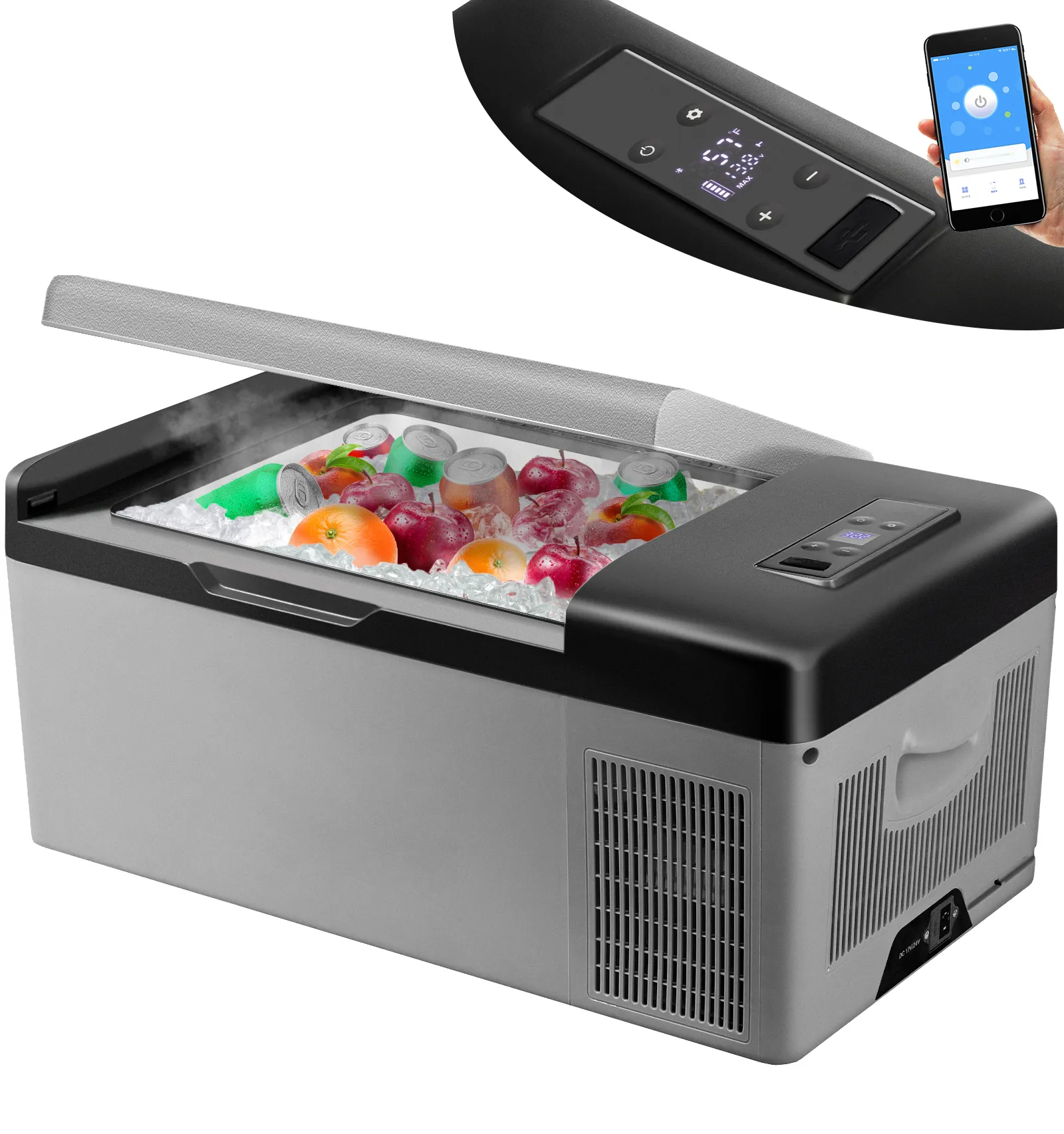 VEVOR 12 volt refrigerator with ice and fruits, touch control panel, and mobile phone app integration.