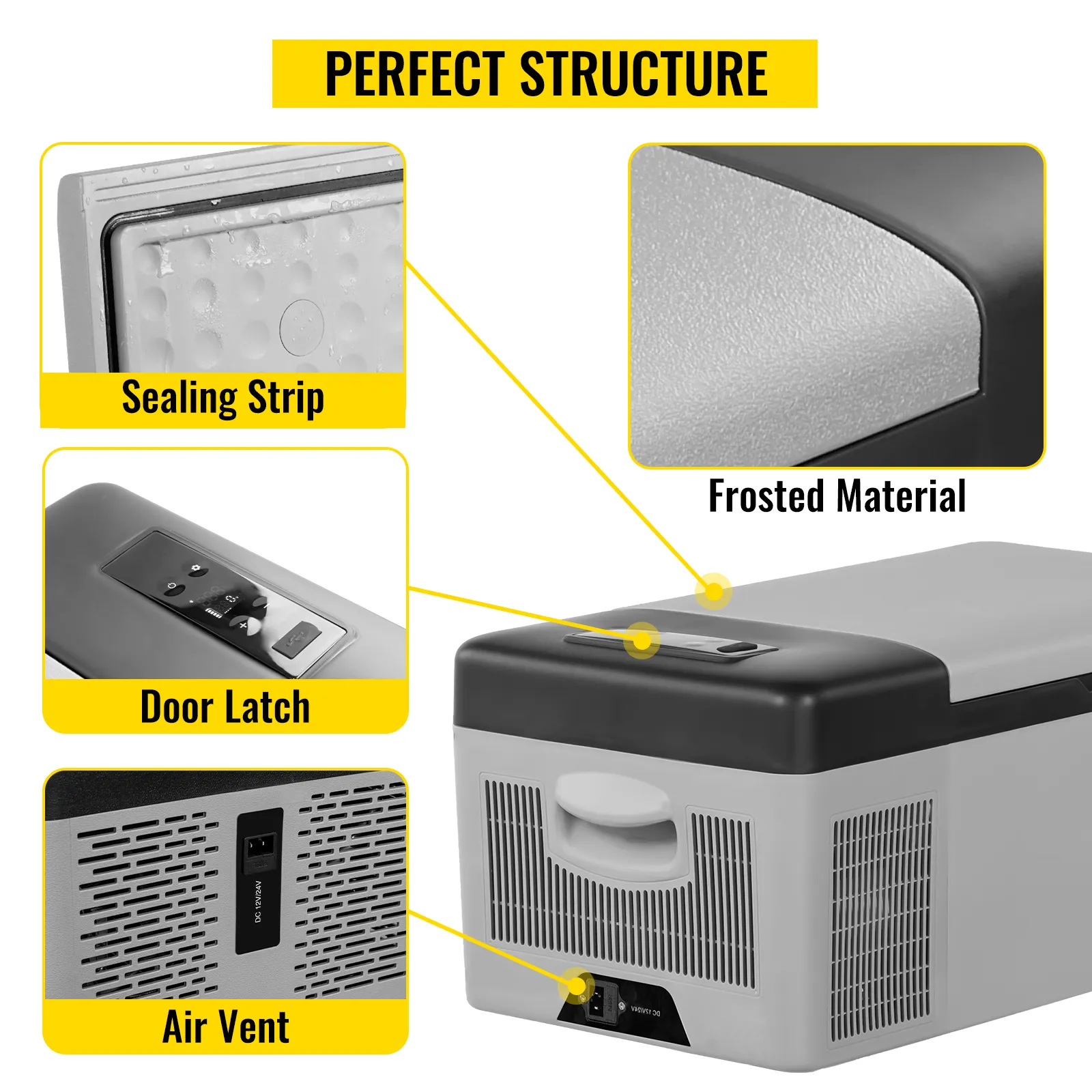 VEVOR 12 volt refrigerator structure showing sealing strip, frosted material, door latch, and air vent.