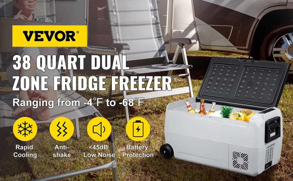 VEVOR 12 volt refrigerator, 38 quart dual zone, rapid cooling, anti-shake, low noise, battery protection