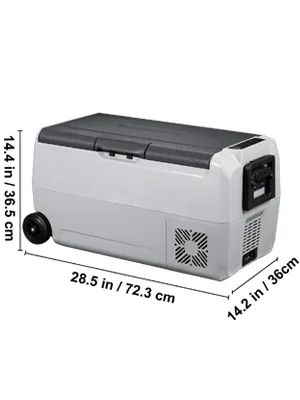 VEVOR 12 volt refrigerator with wheels and approximate dimensions in inches and centimeters.