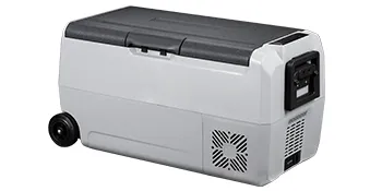 VEVOR 12 volt refrigerator with wheels, compact, gray body, black lid, rear cooling vents.