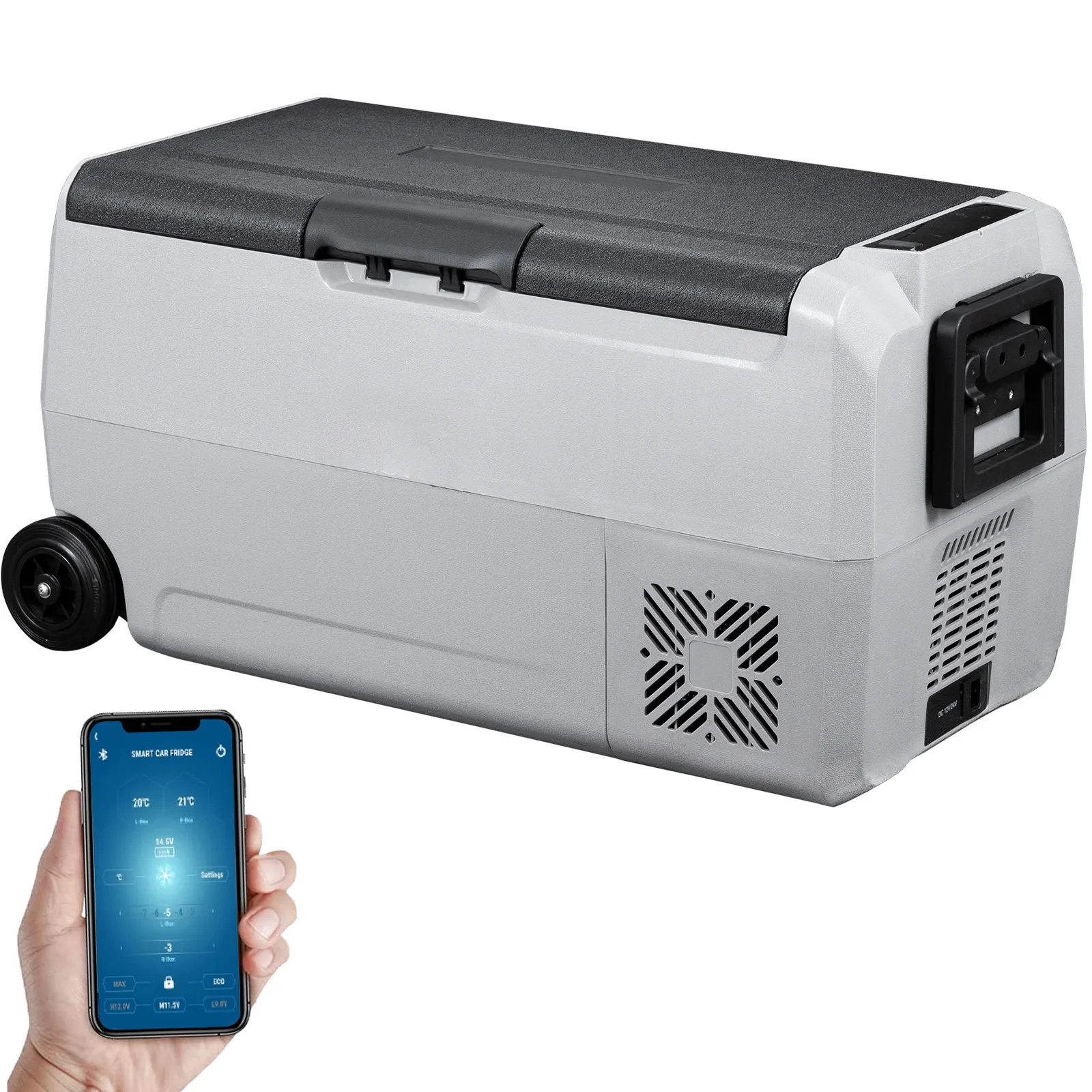 VEVOR 12 volt refrigerator with wheels and digital interface shown on a smartphone.