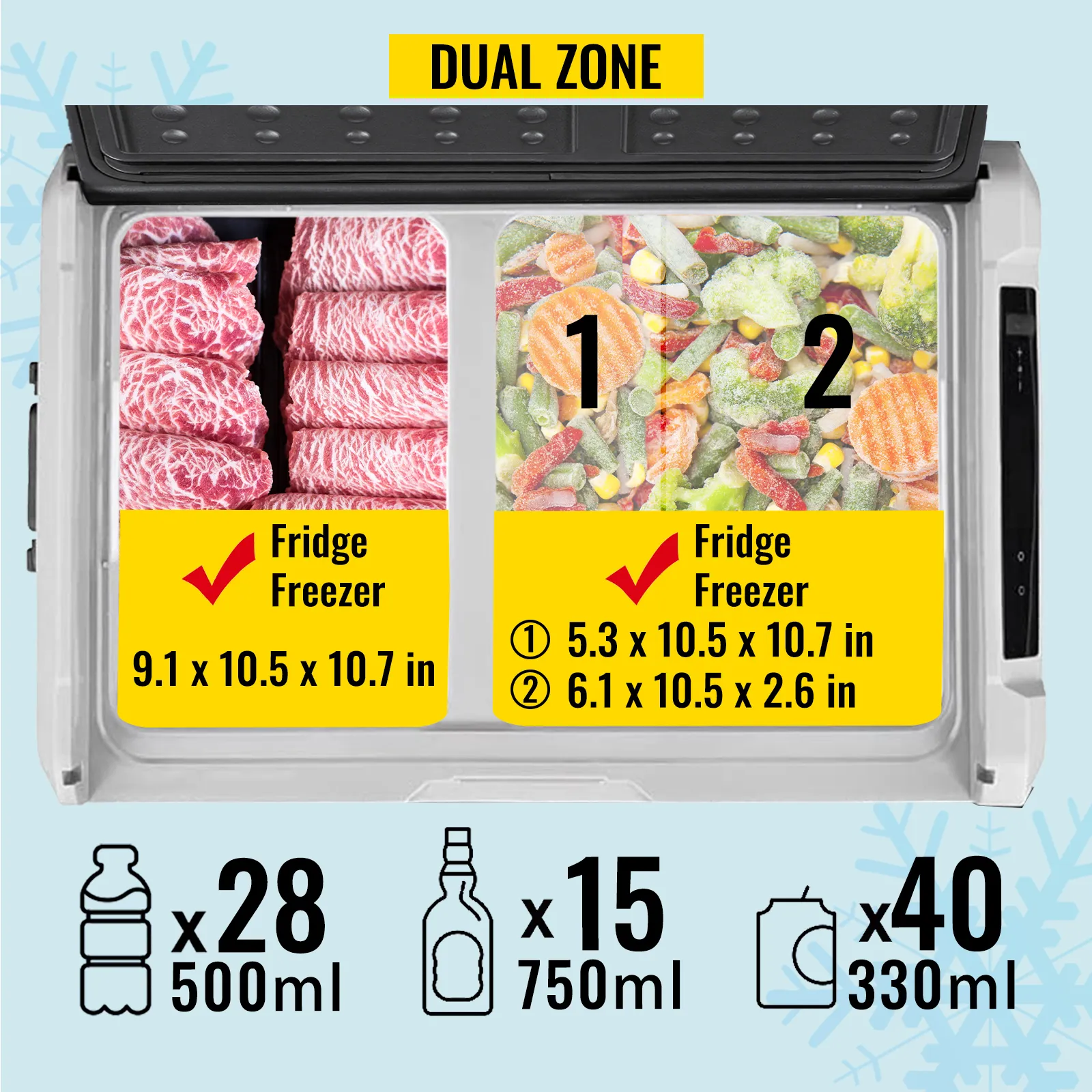 VEVOR 12 volt refrigerator dual-zone compartments with frozen meat and veggies, capacity indicators on the bottom.