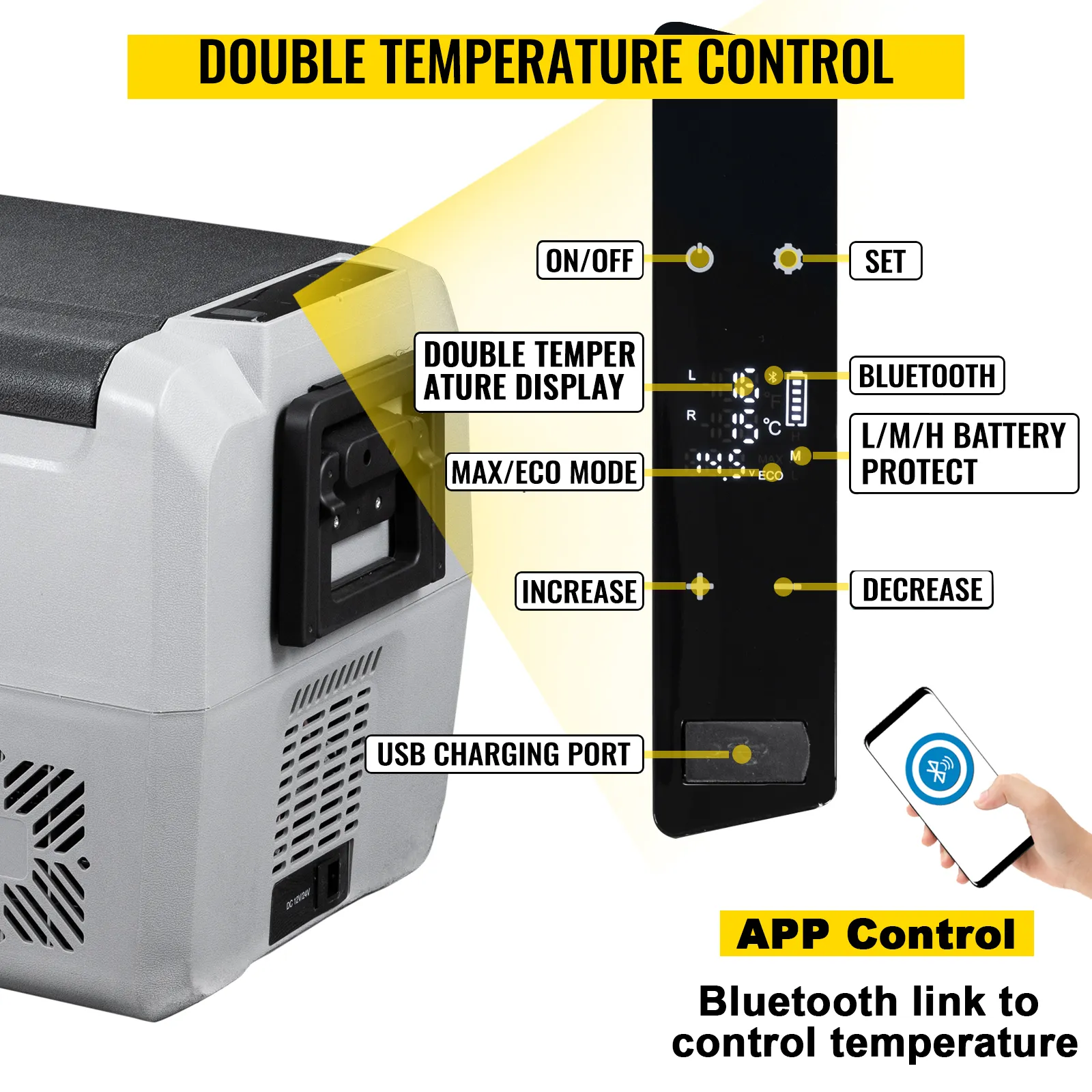 VEVOR 12 volt refrigerator with double temperature control, usb port, bluetooth, and app control.
