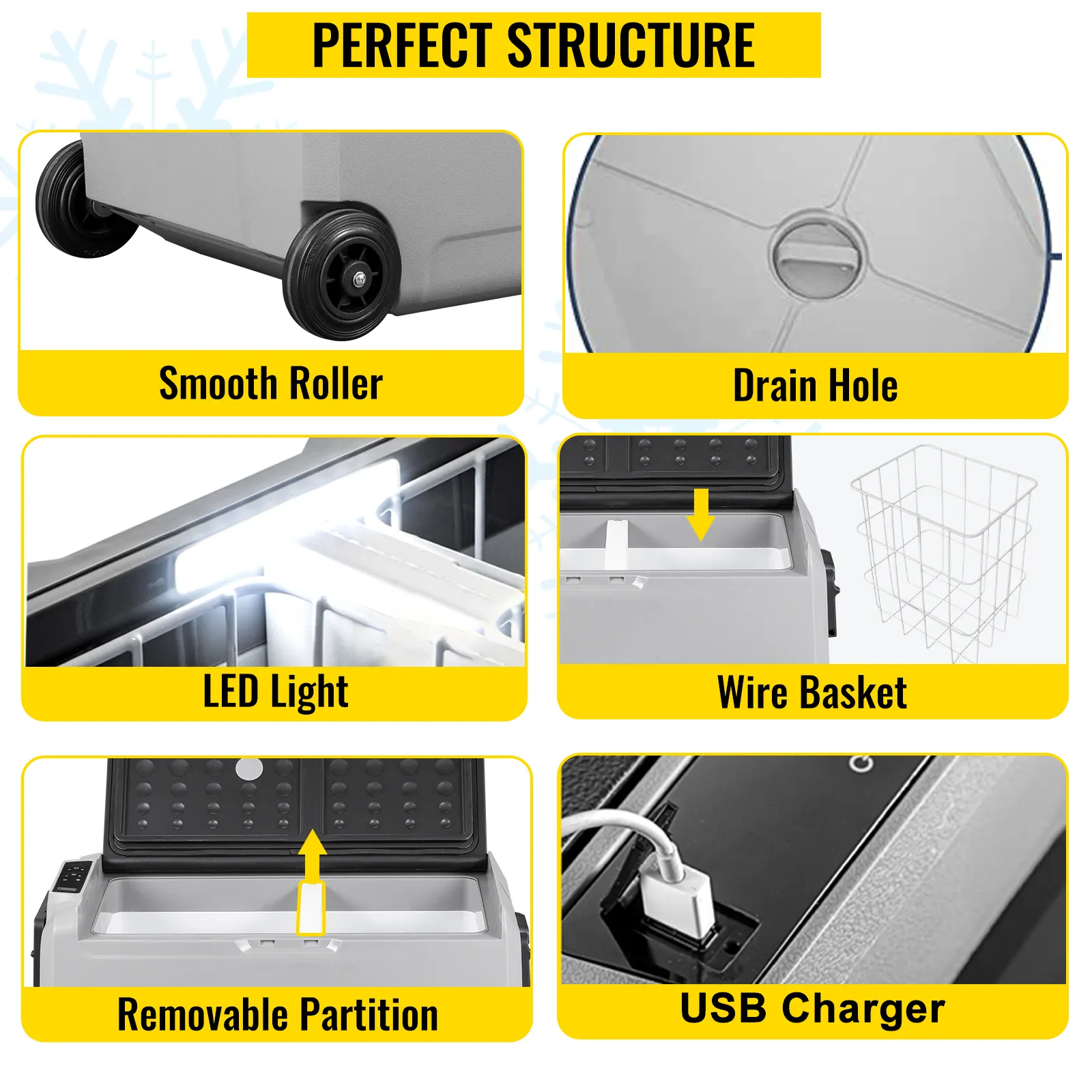 VEVOR 12 volt refrigerator with smooth roller, drain hole, led light, wire basket, removable partition, and usb charger.
