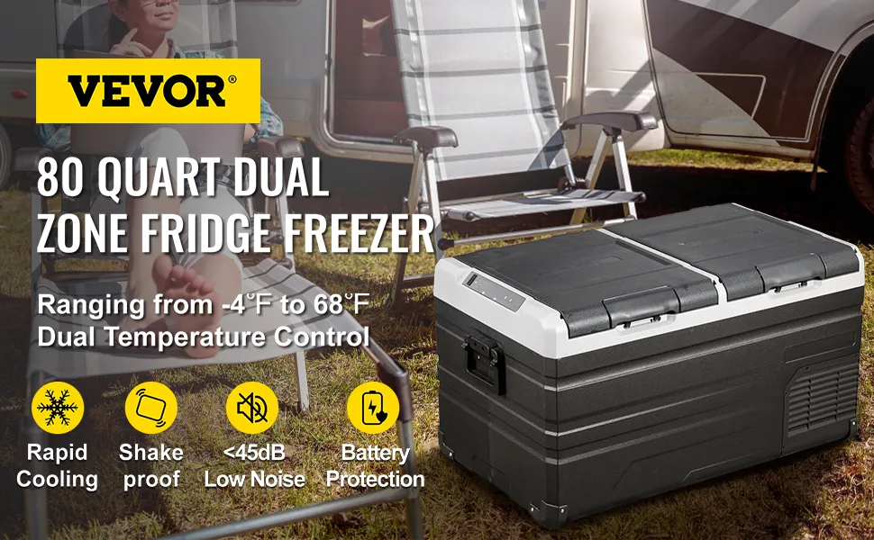 VEVOR 12 volt refrigerator, 80-quart dual zone fridge freezer, rapid cooling, battery protection.