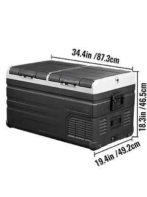 VEVOR 12 volt refrigerator with dimensions 34.4in x 19.4in x 18.3in, black and white color scheme.