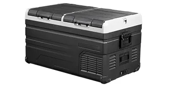 black VEVOR 12 volt refrigerator with dual compartments and a sturdy design for outdoor use.