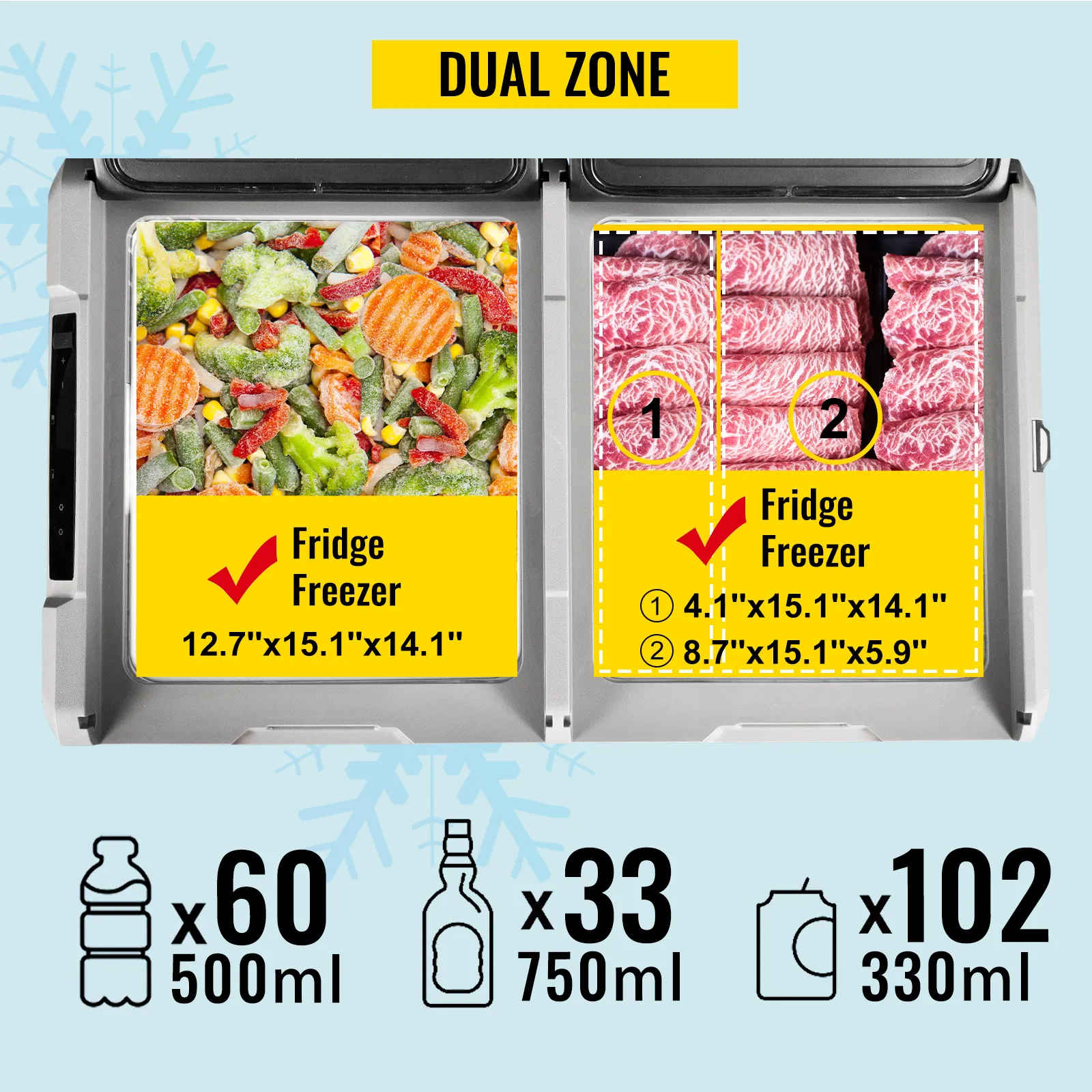VEVOR 12 volt refrigerator showing dual zone with frozen vegetables and meat storage, capacity details below.