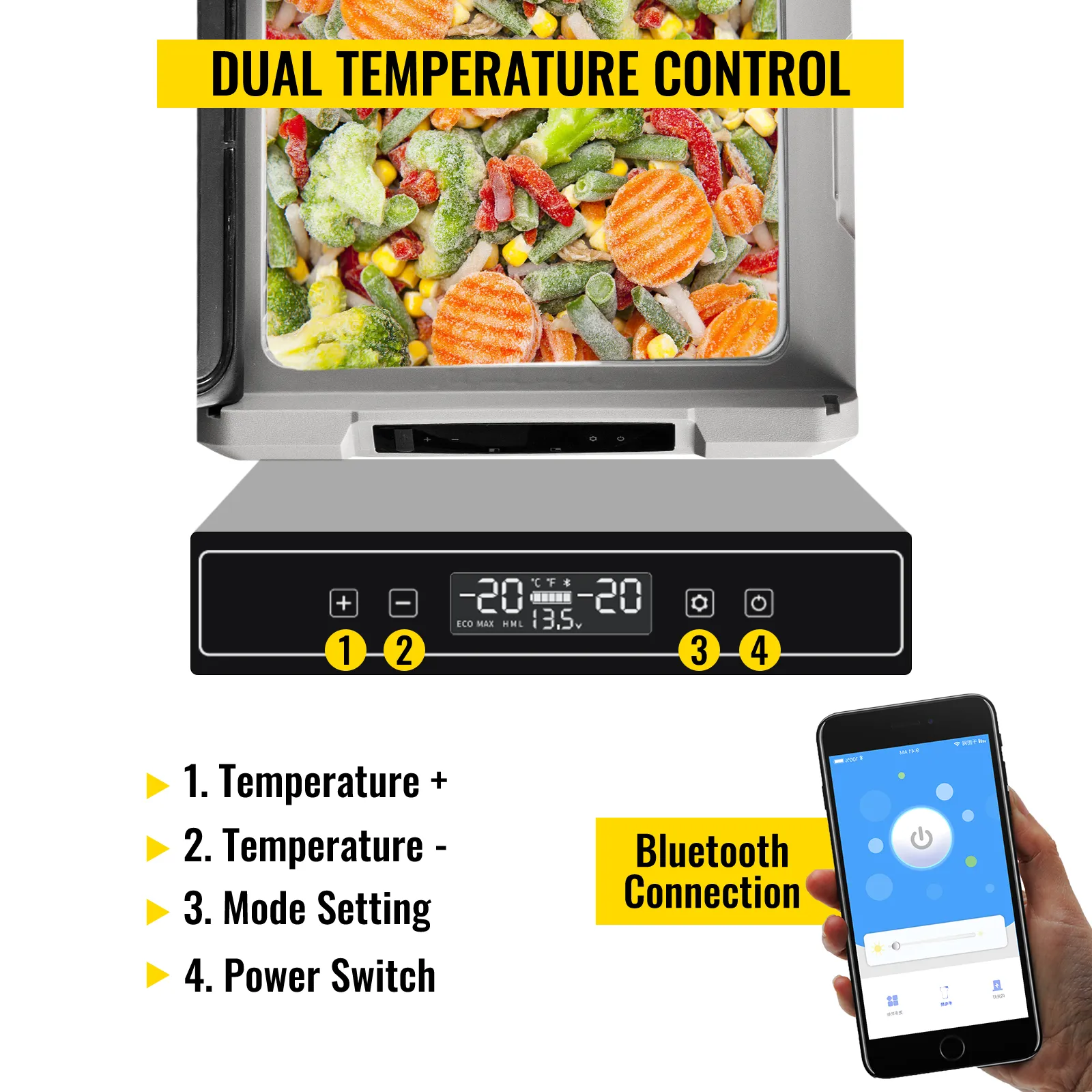 VEVOR 12 volt refrigerator with dual temperature control, digital display, and bluetooth connection.