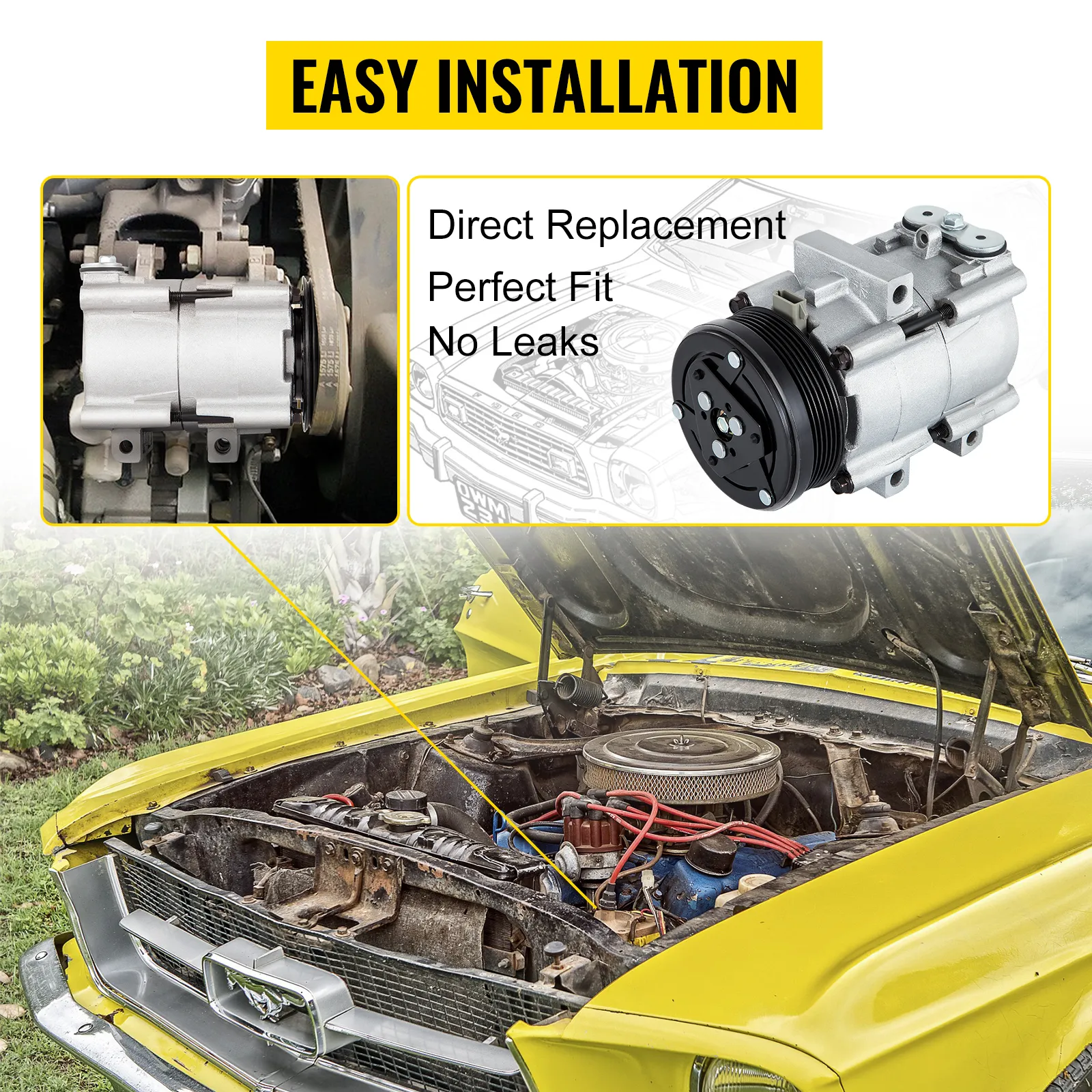 VEVOR ac compressor for ford showcased with easy installation and features.