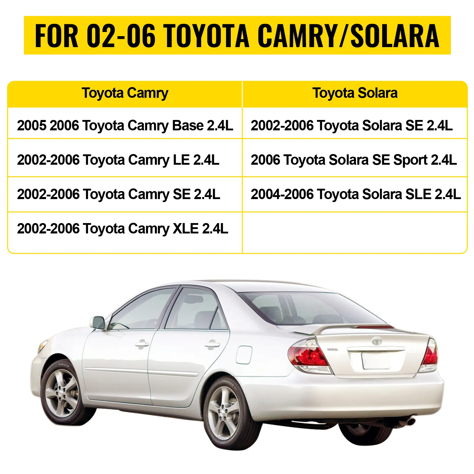 Para detalles del modelo Toyota Camry/Solara 02-06 y Toyota Camry blanco estacionado.