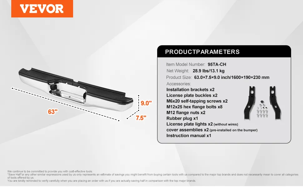 VEVOR toyota tacoma rear bumper with dimensions, accessories, and installation details.