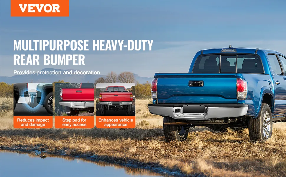 VEVOR toyota tacoma rear bumper on blue truck highlighting protection, step pad, and enhanced appearance.